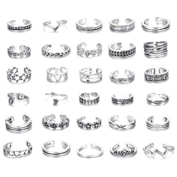 Silver Boho Adjustable Open Toe Rings - Set of 30 - Picture 1 of 10